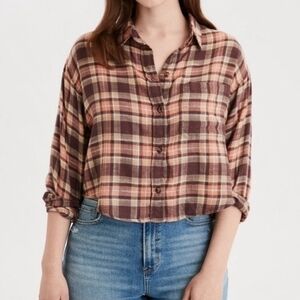 American Eagle Shirt Plaid Cozy Cabin Cropped Button Down  Brown Tan Small